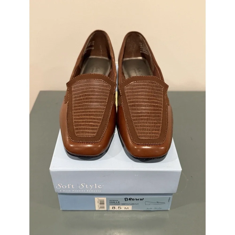 Hush Puppies Soft Style Halle Cognac Loafer Brown Faux Leather H79344 Mens 8.5